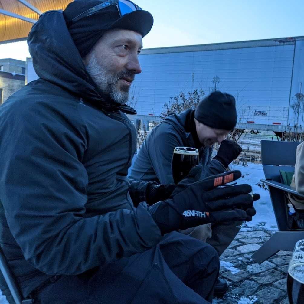 Scotty telling a story and Dad cracking up at Bang Brewing in Minneapolis